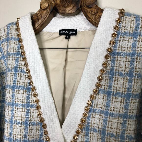 Sister Jane Blazer Cardigan Metallic Blue Tweed Plaid Long Bejeweled V Neck S - Picture 3 of 14